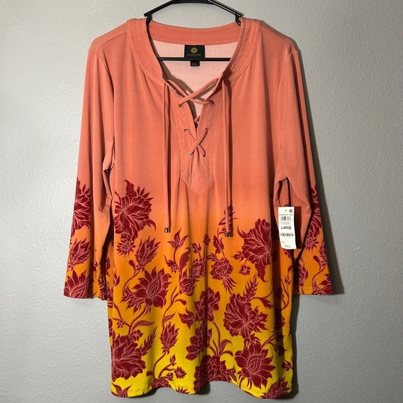 JM Collection Floral Print Top Lace-Up 3/4 Sleeve Blouse Orange Size L NWT - Picture 2 of 8
